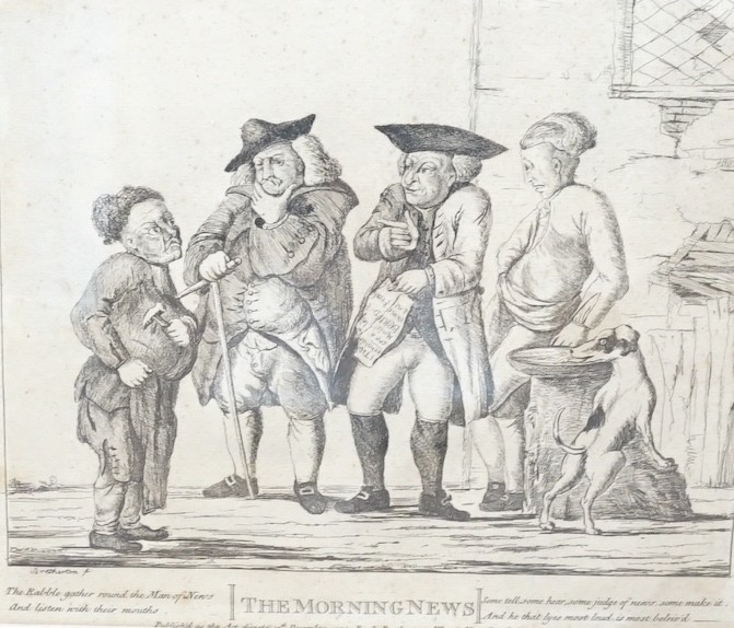Six assorted 18th century and later printed caricatures including The Morning News by H W Bunbury, 23 x 25cm